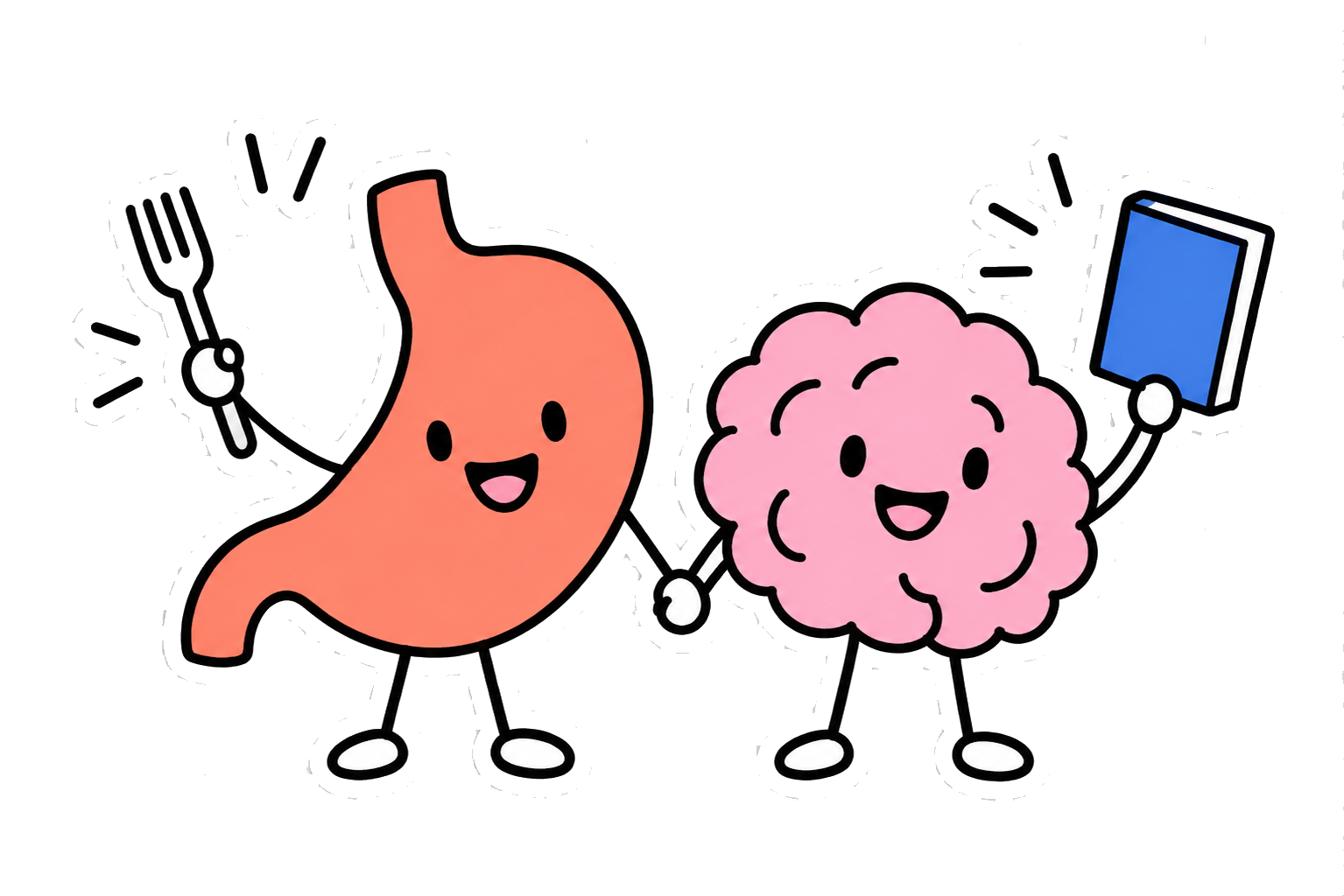 A cartoon stomach holding a fork and a smiling brain holding a book